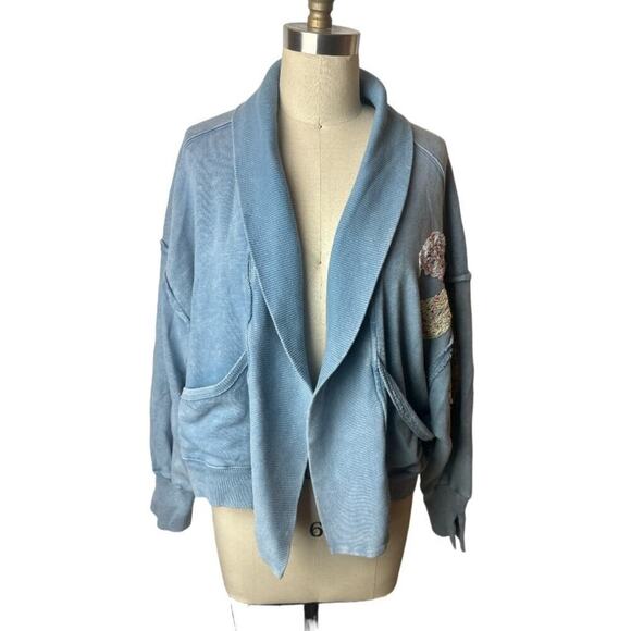 Daily Practice Blue Open Front Cardigan Crochet Embroidery Women's Size XS/S - Picture 1 of 8